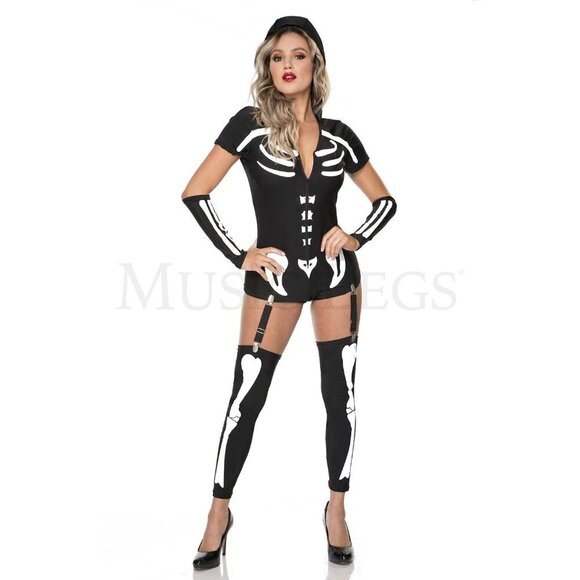 Sexy Skeleton 3 Pc Halloween Front Zip Skeleton Romper Costume Set Size M/L - Picture 6 of 7